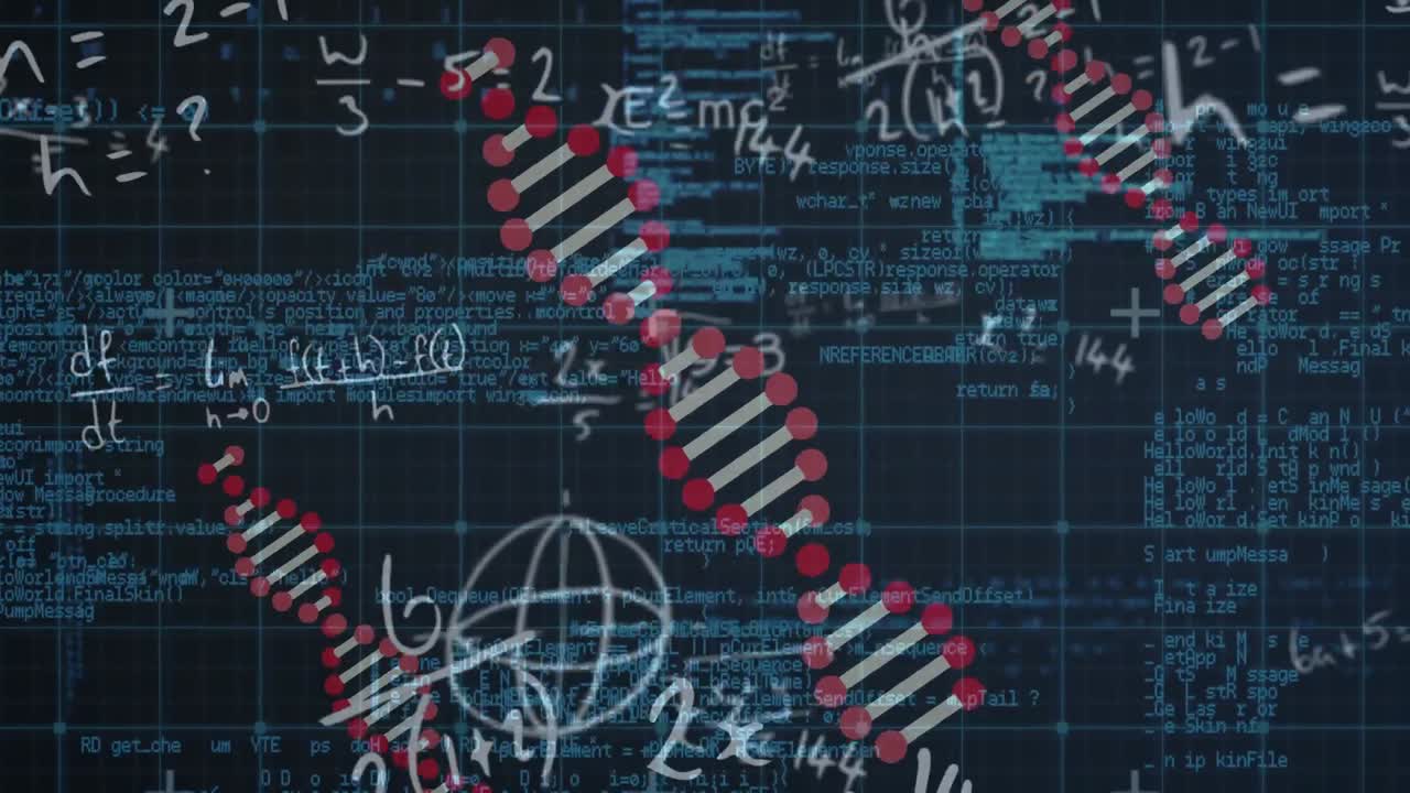 Animation of blue grid over rotating dna strands, equations and processing data on dark screen
