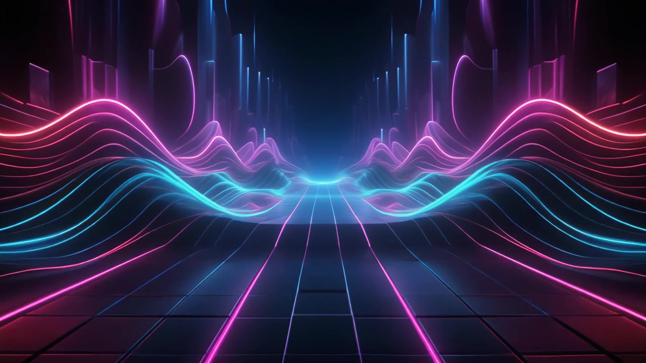 Futuristic Digital Tunnel with Glowing Neon Wave Lines