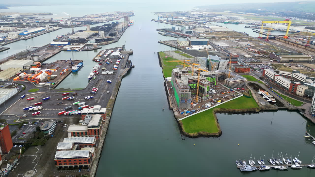 Aerial drone view of the Belfast Harbour in Northern Ireland in daylight