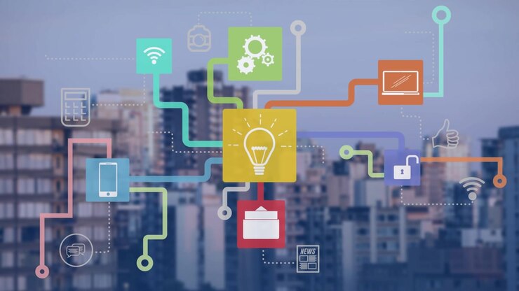Animation of media icons over cityscape