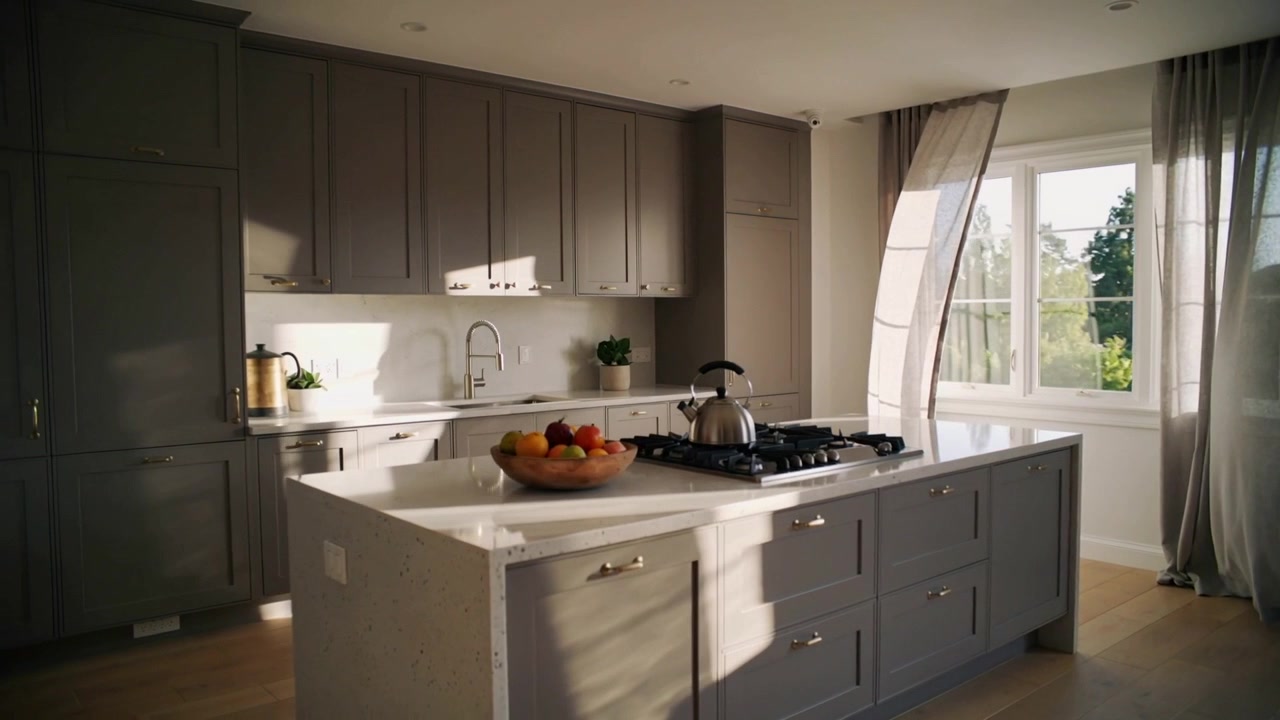 Shifting sunlight and window breeze moving across center island quartz top, catching kettle, fruit