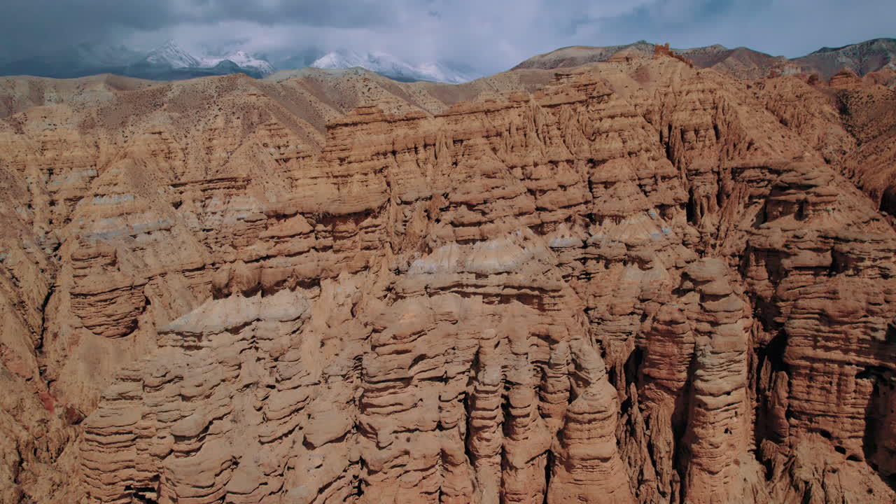 Aerial footage of Chhoser, Upper Mustang in Nepal. Cinematic drone shot reveals unique and random structured dry mountains, creating an alluring deserty mood. Explore the enchanting Annapurna Area