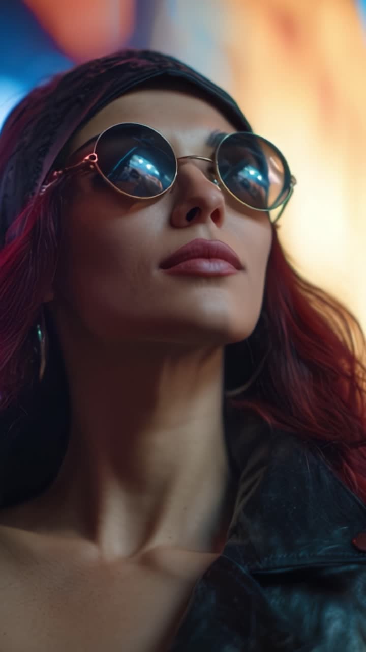 Donna Elegante con Occhiali da Sole in Posa Sicura Contro uno Sfondo Colorato con Luci Vivaci che Evidenziano la Sua Unica Dichiarazione di Stile e Individualità