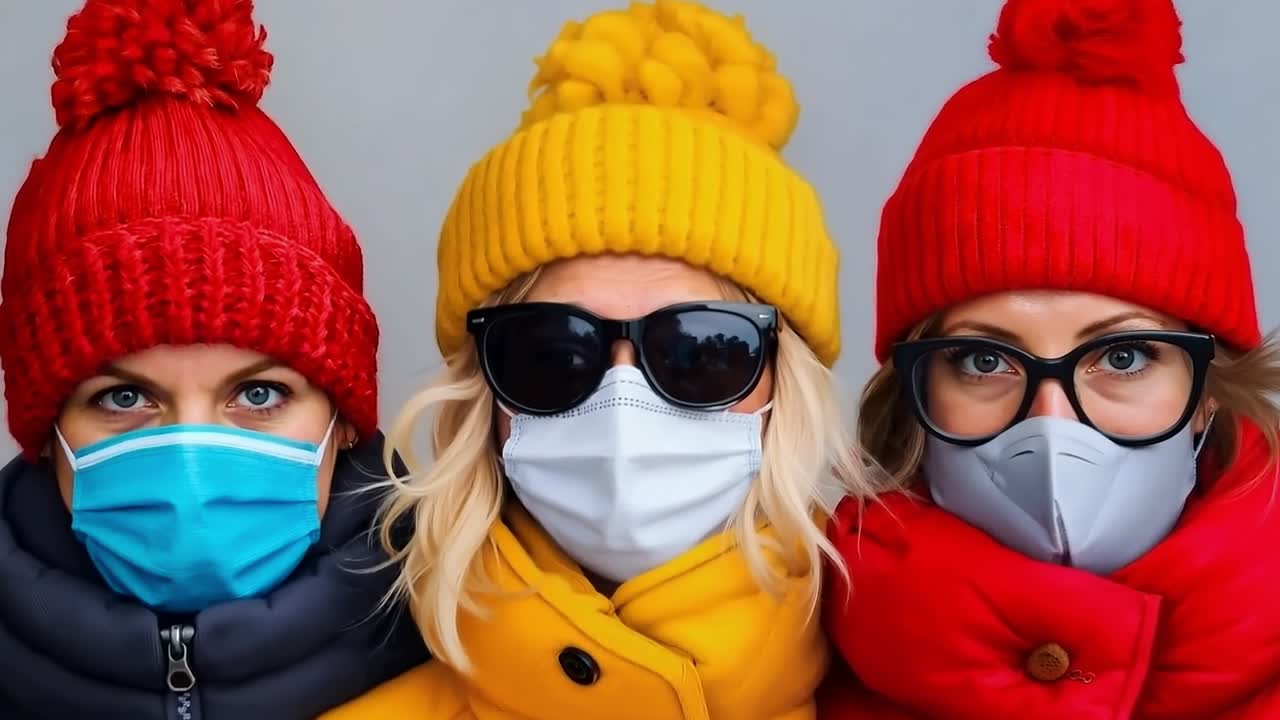마스크와 모자를 입은 세 명의 여성