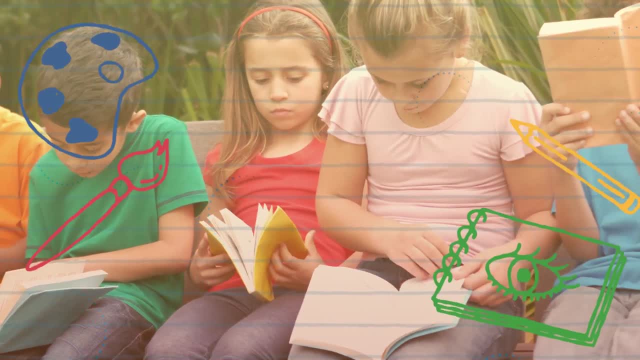 Animación de útiles escolares cayendo sobre escolares diversos en clase en la escuela