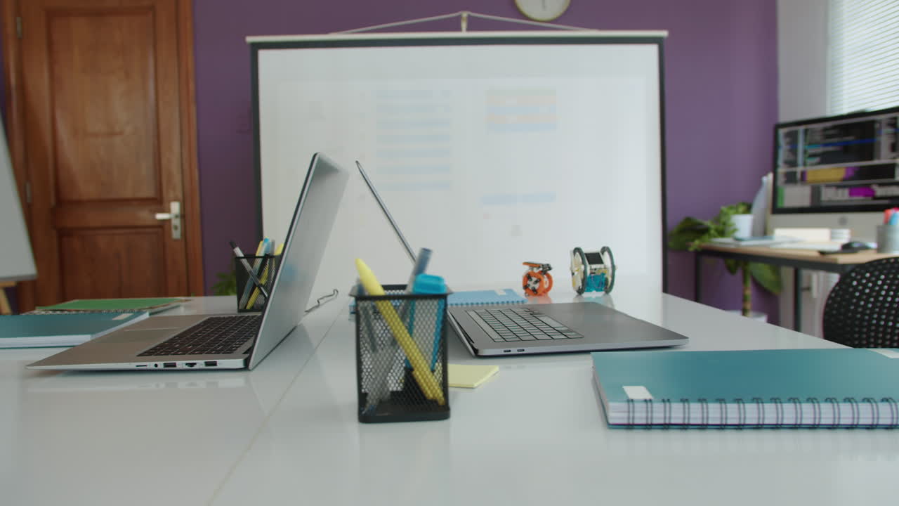 Desk with Laptops at Studying Room of IT Class at School