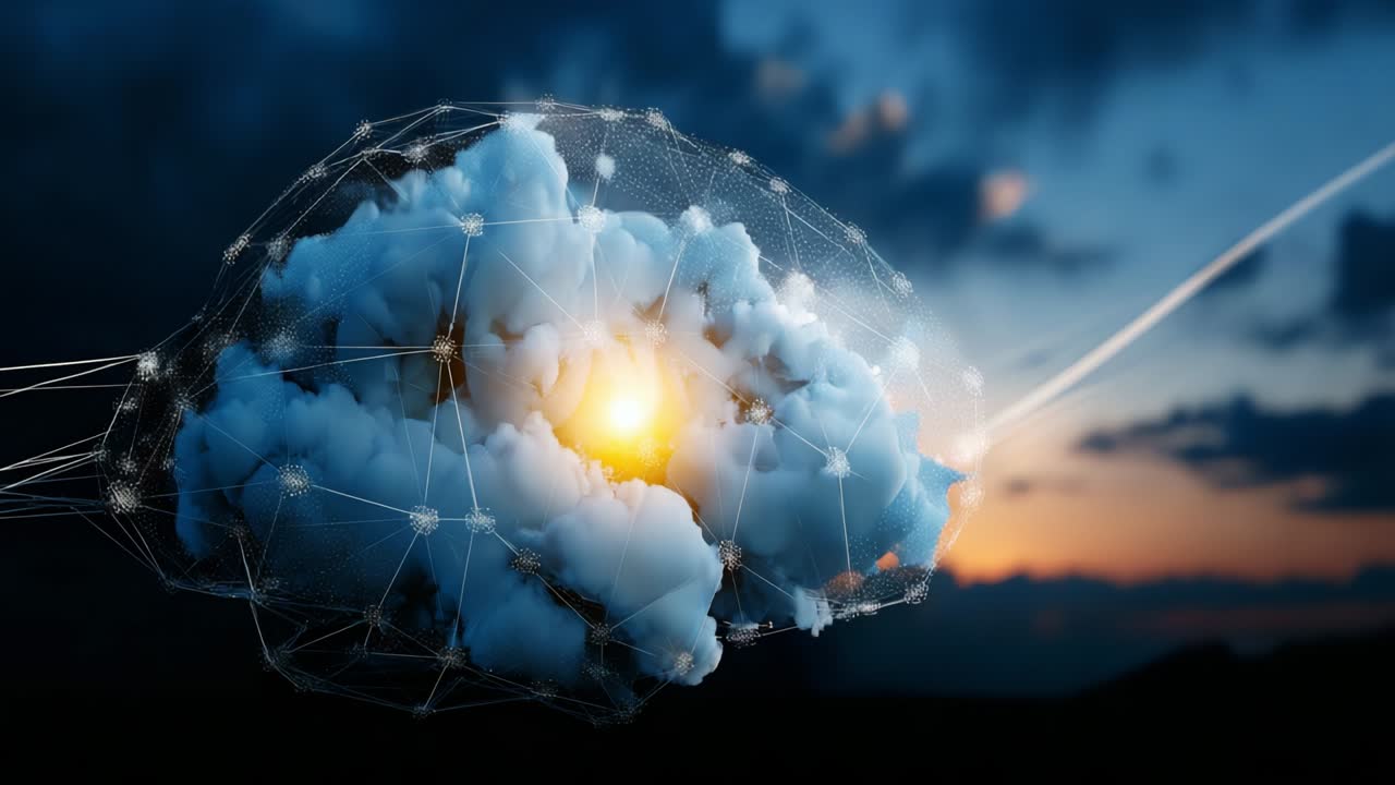 A Surreal Artistic Interpretation of a Cloud Forming a Brain with Light and Network Connections, Symbolizing Creativity, Imagination, and Innovation Against a Beautiful Sunset Background