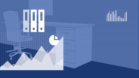 animation of statistical data processing and multiple digital icons against empty office