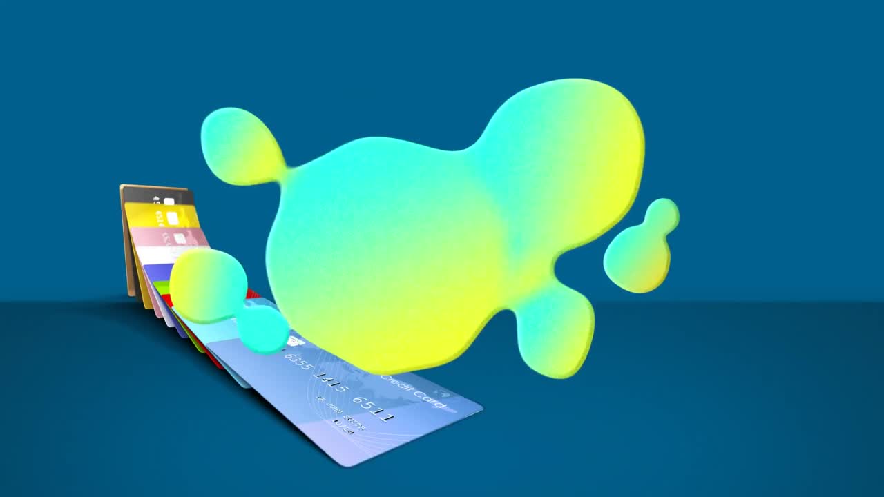 Animation of colorful stain over bank cards