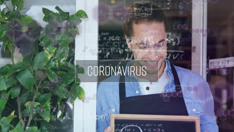 animation of coronavirus text and mathematical equations floating over happy caucasian male chef