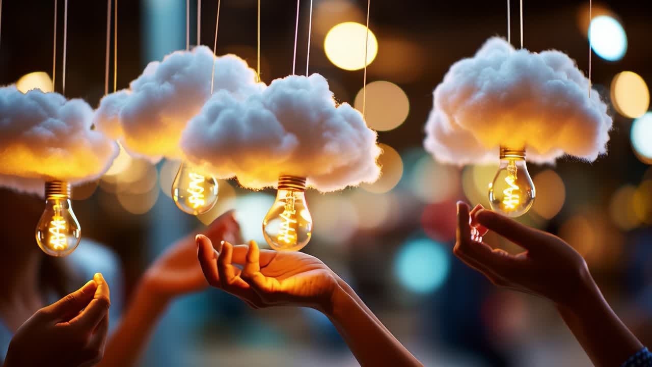 Artistic Display of Hanging Clouds with Illuminated Light Bulbs: A Captivating Fusion of Creativity and Aesthetics Highlighted by Hands Reaching to Touch the Floating Design Elements