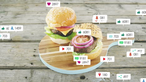 Burgers on wooden board with animation of social media interaction icons