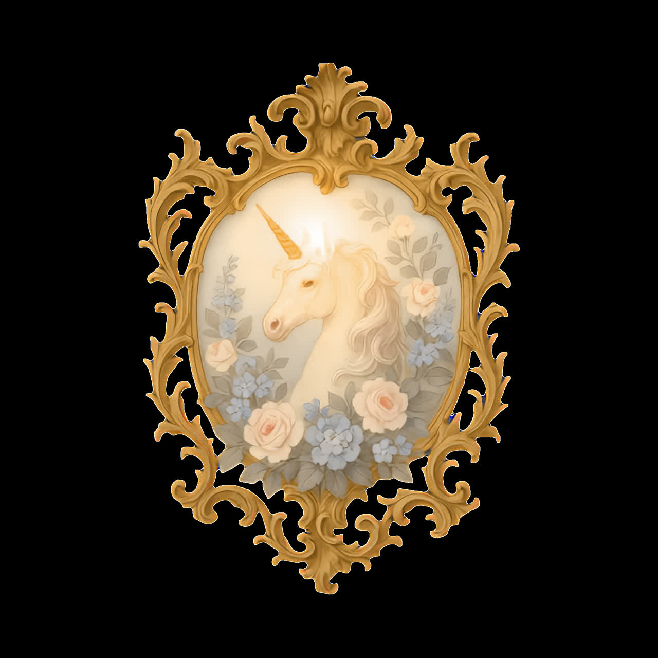 Animação elegante de emblema floral de unicórnio como recurso isolado, vídeo 4K transparente, canal alfa, ProRes.
