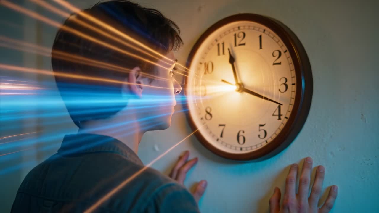 Adolescente con maglietta scura che tocca un orologio a parete in corridoio, in risposta a una scia di luce calda, con spazio per il testo.