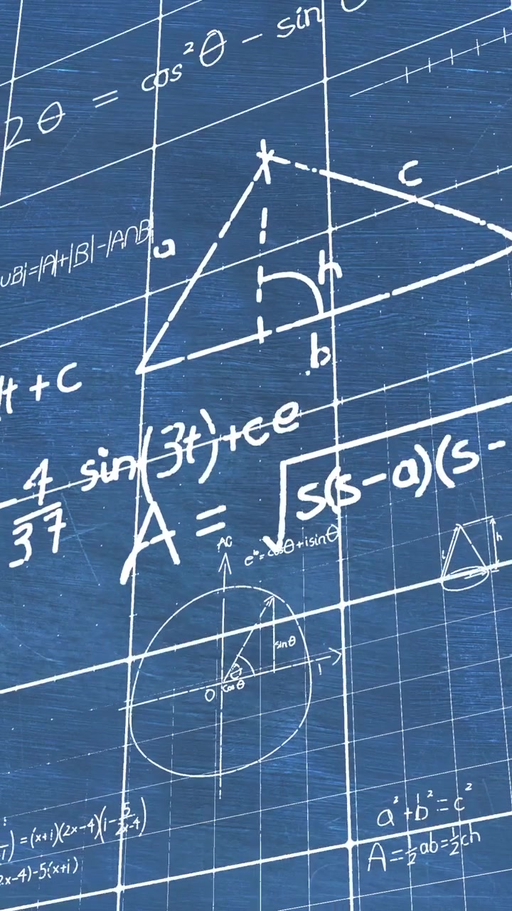 Animazione di equazioni e formule matematiche su una rete a griglia su sfondo blu testurizzato