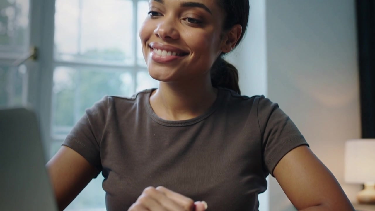 Tapping woman in dark tee adjusting cabled touchscreen at home desk for work, glancing at laptop