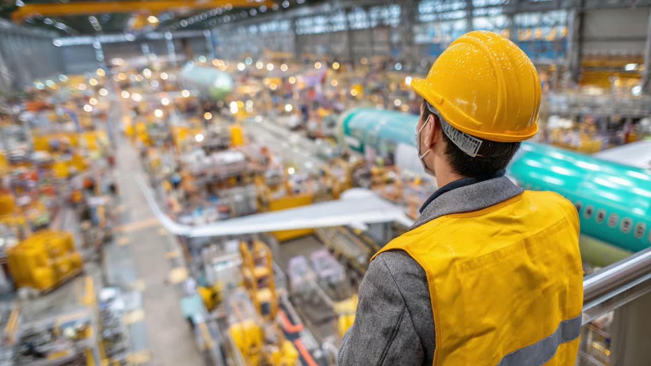 An Overview of Aircraft Assembly: A Worker Observing the Busy Production Line in a Modern Manufacturing Facility, Highlighting Coordination and Precision in Aviation Engineering