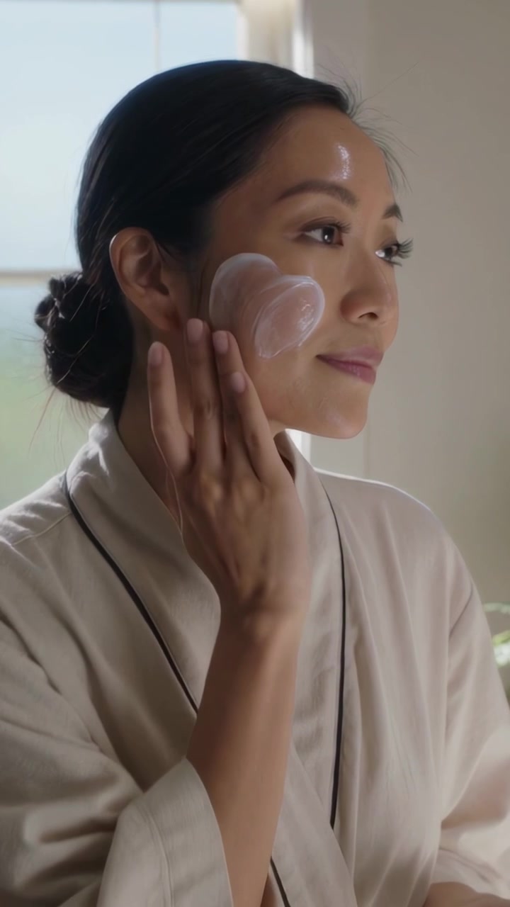 Vertical video: Holding cream, woman in robe dabbing cheek for cleansing at sink, with heart pad