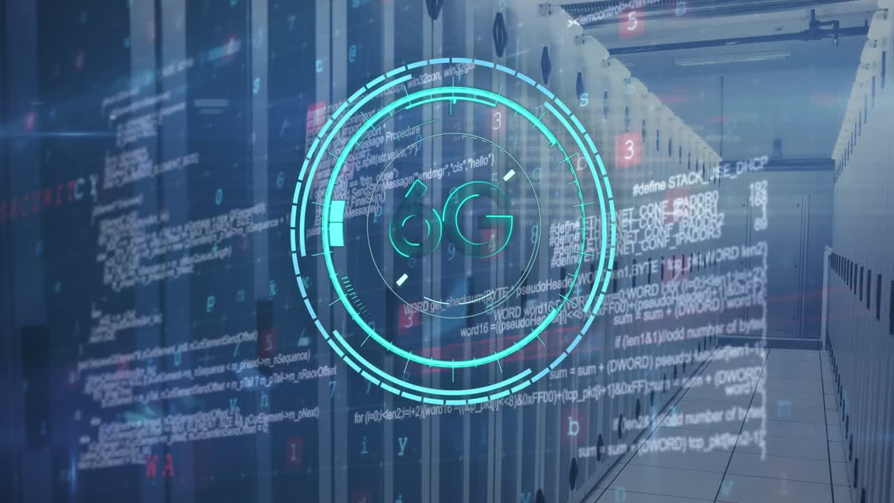 animación de texto de 6g sobre procesamiento de datos y sala de servidores