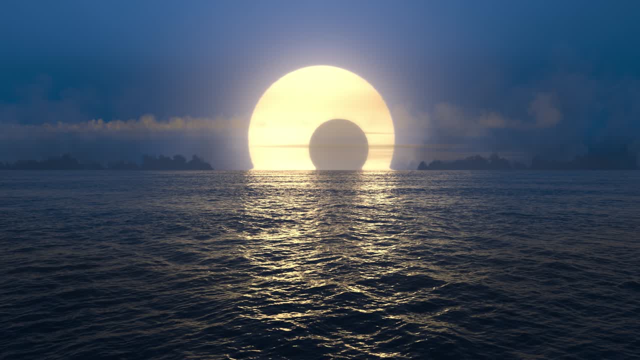 Blue sunset and solar eclipse over seamlessly looped ocean.