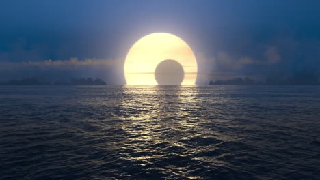 blue sunset and solar eclipse over seamlessly looped ocean.