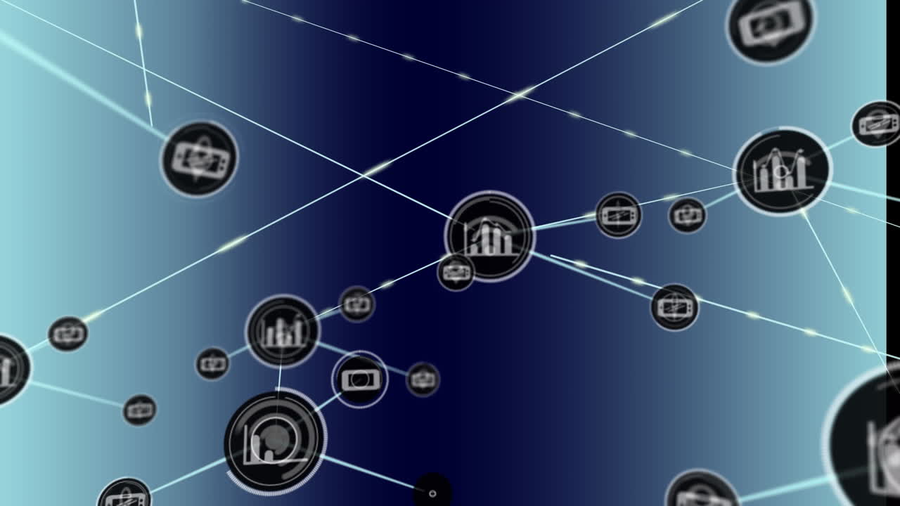 animación de una red de iconos digitales contra un fondo de gradiente azul.