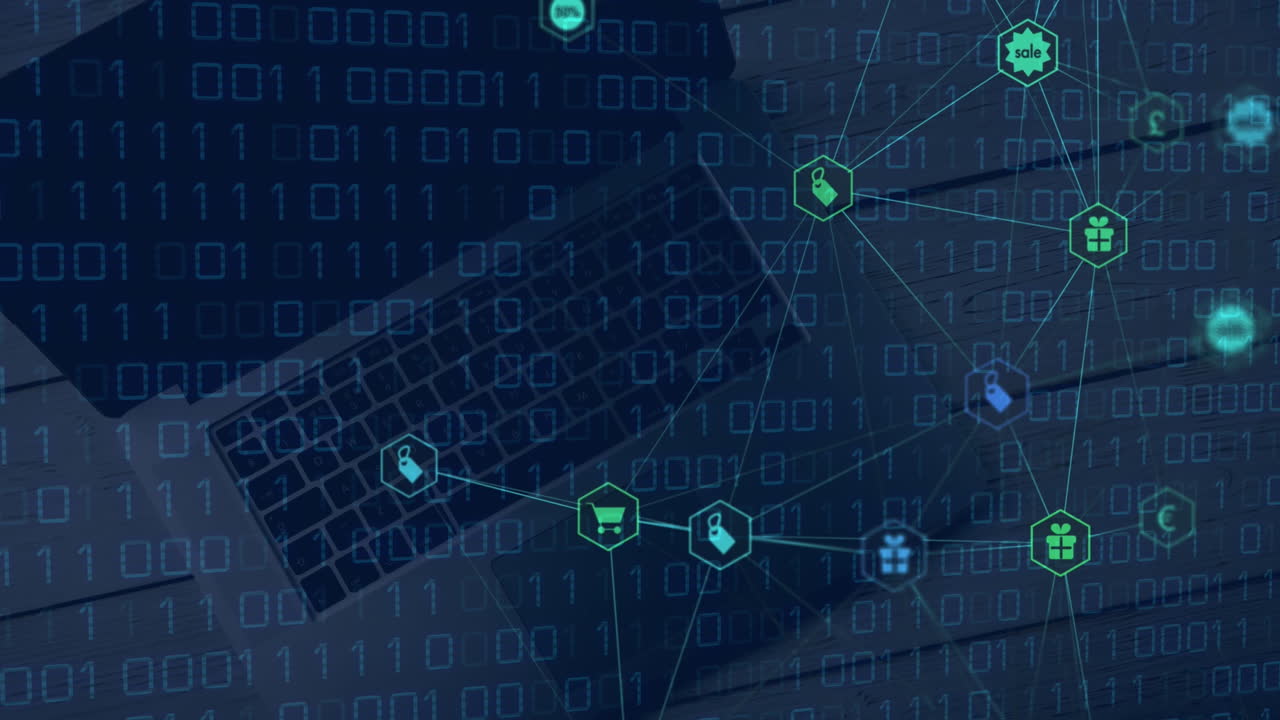 animación de iconos conectados y códigos binarios en bucle, vista aérea de una computadora portátil en una mesa de madera