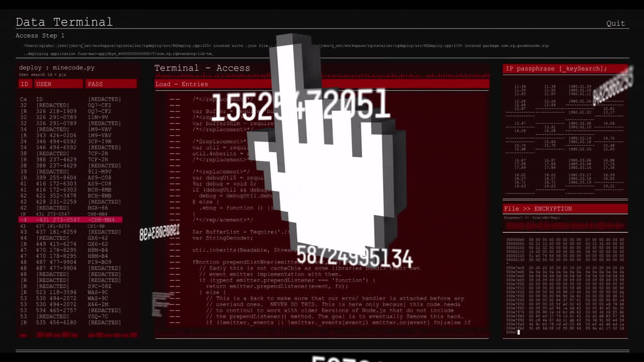 cursor de mano y animación de números sobre la pantalla de acceso al terminal de datos