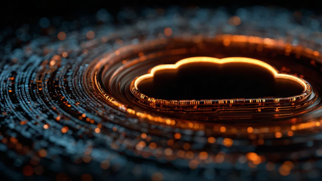 Enestående visuel repræsentation af Cloudcomputing med glødende datastrømme og cirkulære mønstre, der illustrerer konceptet om digital lagring og konnektivitet
