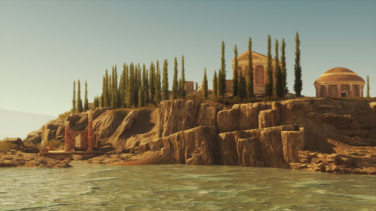 낮에는 높은 나무가 있는 물 에 있는 고대 로마 성전의 폐허