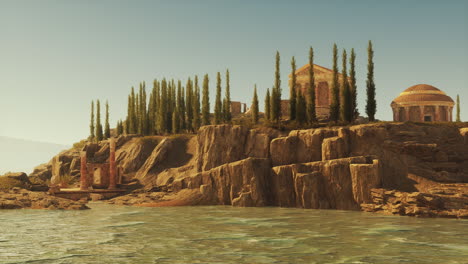 ruinas de un antiguo templo romano junto al agua con árboles altos a la luz del día