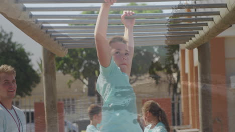 at school playground, child swinging on monkey bars, trees in background, animation