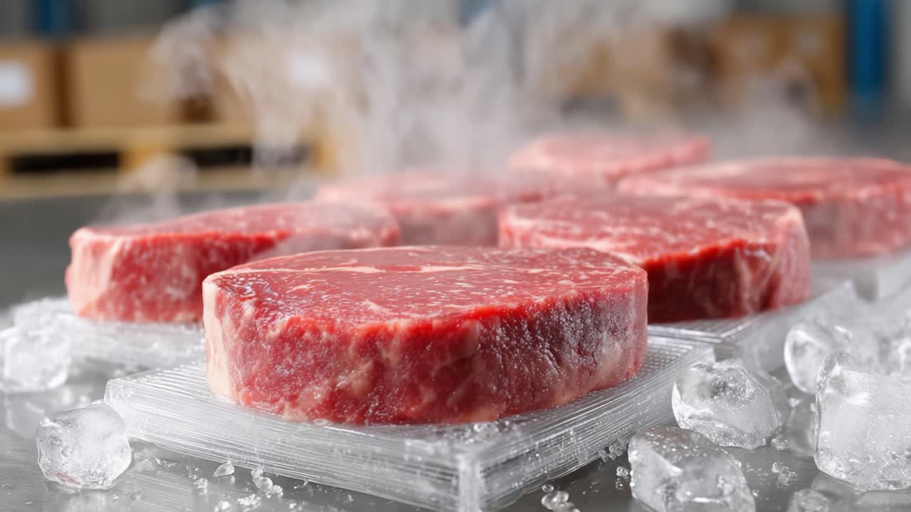Fresh Cut Beef Steaks on Ice with Steam Rising, Showcasing Quality and Texture in a Temperature-Controlled Environment