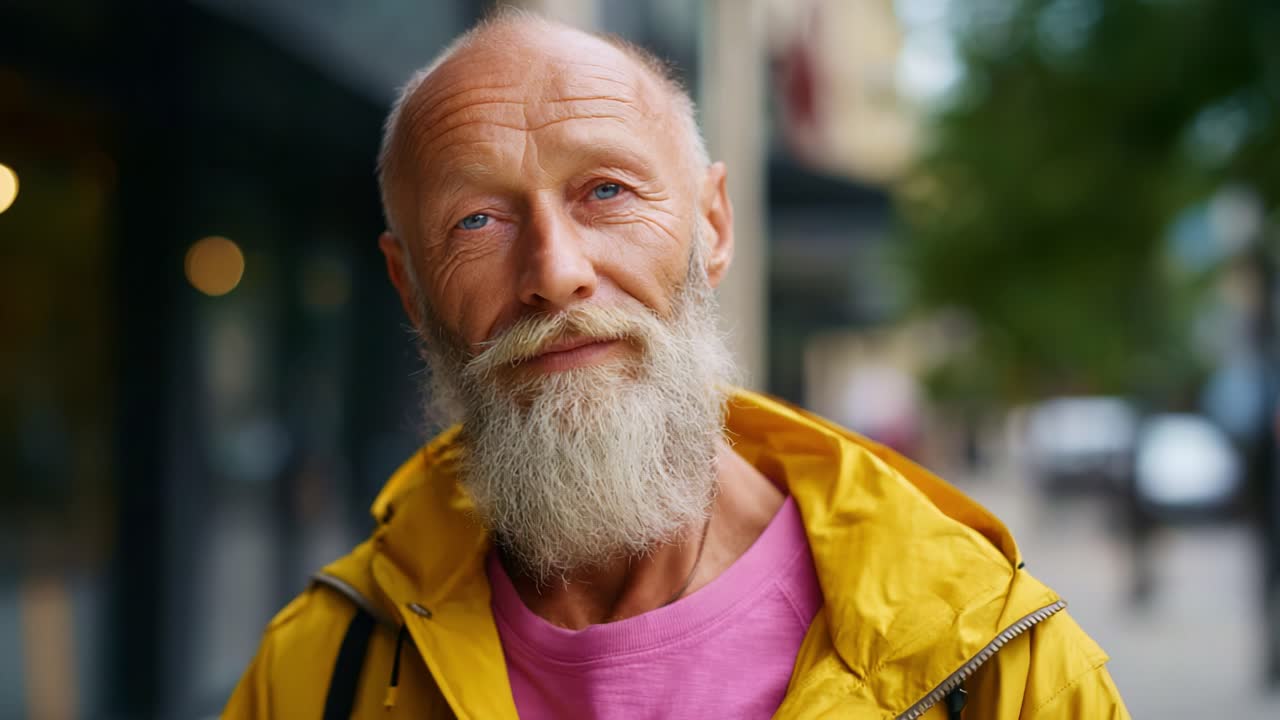 Un allegro signore anziano con una giacca gialla sorride in una strada cittadina con espressione serena e uno splendido sfondo che mostra la vita urbana