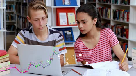 íconos sociales sobre colegiala y colegial estudiando en la computadora portátil.