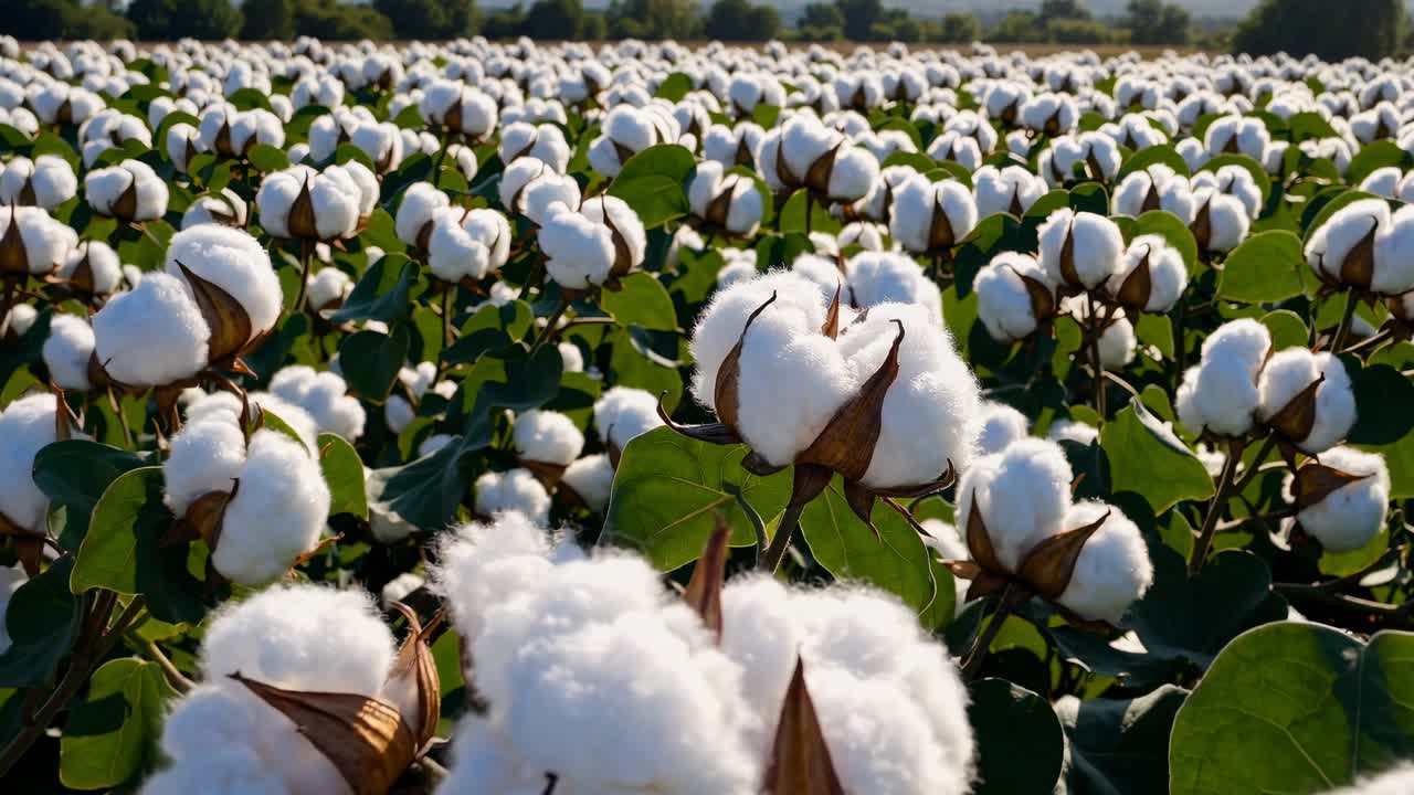 Close-up video of cotton plants in a field, capturing fluffy white cotton bolls against green leaves