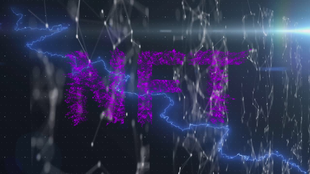 animación de ondas, nft, conexiones y luces sobre fondo negro