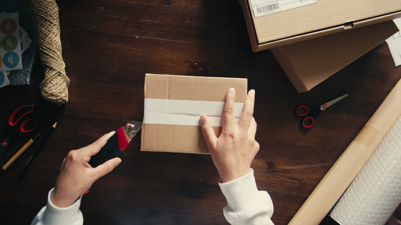 E-commerce storage shop, woman packing goods and clothes for second hand delivery market, dedicated Packaging and Shipping Workspace with Supplies and Technology for efficiency, online sales.