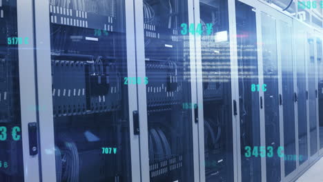 animación de números cambiantes, puntos de luz y procesamiento de datos contra la sala de servidores de computadora