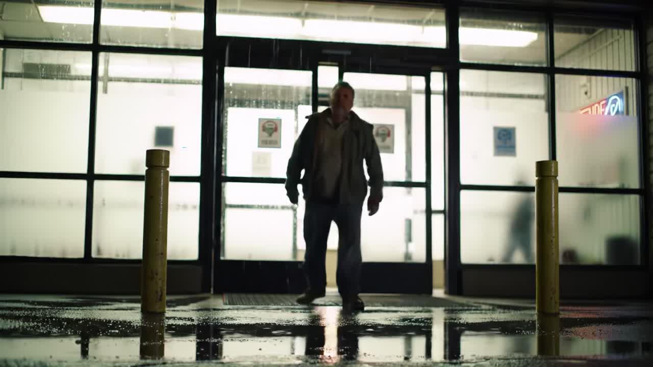 A solitary figure emerges from a rain-soaked entrance, illuminated by soft lighting, creating a dramatic contrast against the blurred backdrop of a seemingly deserted storefront