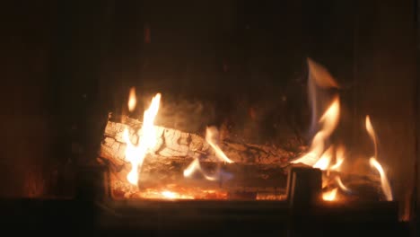 fire burns logs in fireplace, beautiful flames