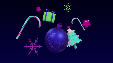animation of christmas tree and decorations on black background