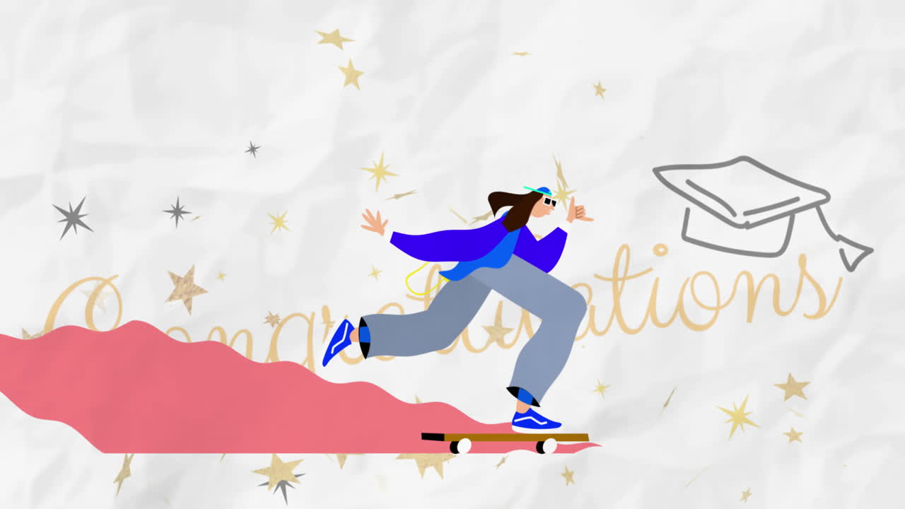 анимация звезд над текстом поздравления с выпускной шляпой и иконой женщины на скейтборде.
