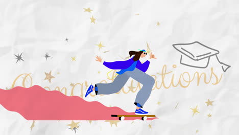 animación de estrellas sobre texto de felicitación con sombrero de graduación y icono de mujer montando patineta.