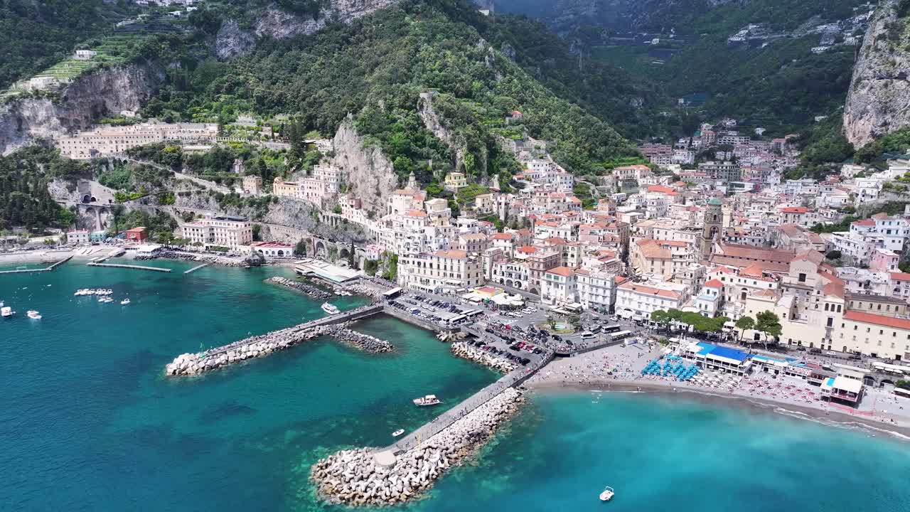 Amalfi Coast At Amalfi In Salerno Italy. Beach Landscape. Giant Cliffs Scene. Amalfi Coast At Salerno Italy. Medieval City Skyline. Gulf Of Salerno Mediterranean Sea. Mediterranean Sea. Amalfi Coast