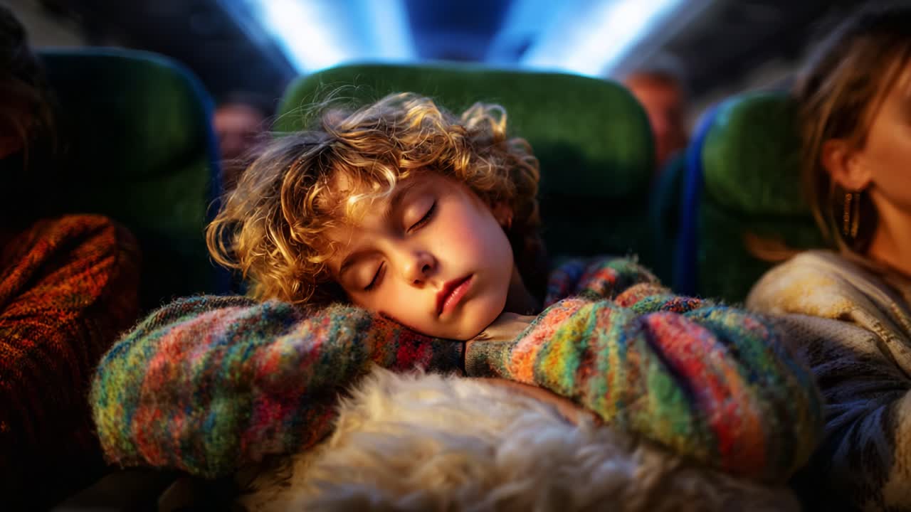 Et fredfyldt øjeblik: Et barn, der sover trygt i et fly omgivet af passagerer, indfanger rejsens ro og de bånd, der forbinder os under rejser