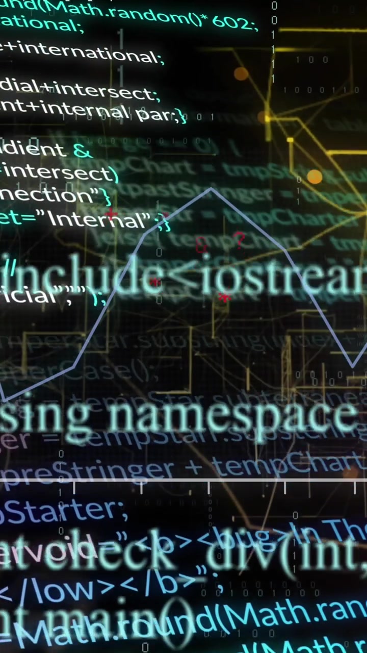 Animation of graph over computer language against illuminated map interface in background