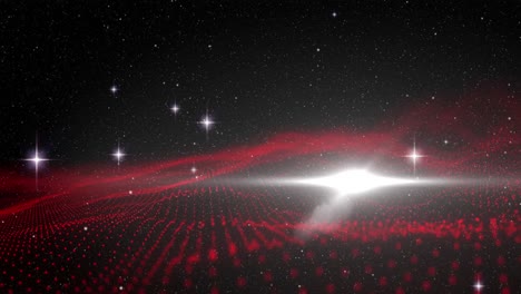 Animation-Eines-Abstrakten-Netzes-Mit-Rot-Leuchtenden-Punkten,-Die-Mit-Sternen-Auf-Schwarzem-Hintergrund-Schweben-Und-Winken