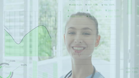 smiling medical professional with data charts and graphs animation over background