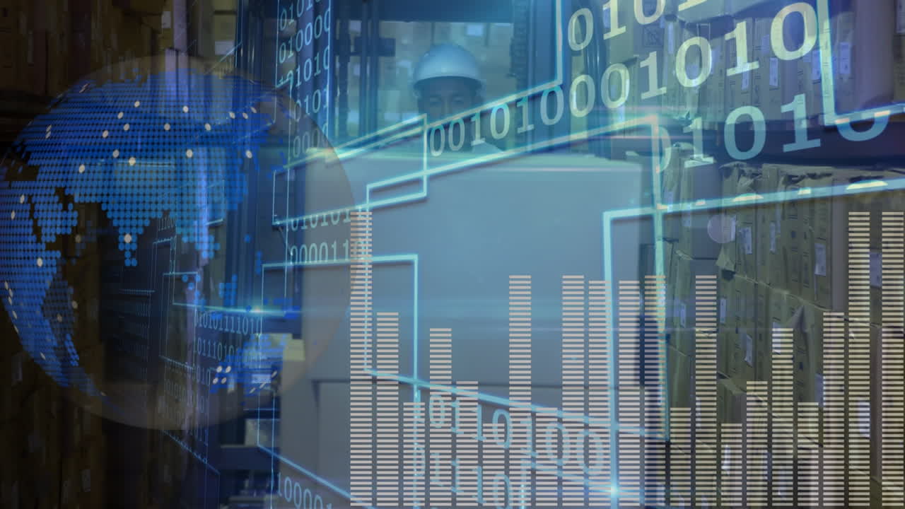 animación de procesamiento de datos y globo sobre trabajador de almacén masculino biracial